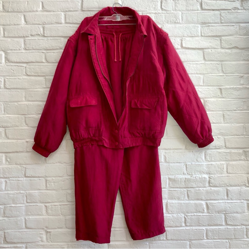 FUDA Vintage quilted RED Puffer jacket w pants Track suit to vest Silk SIze L